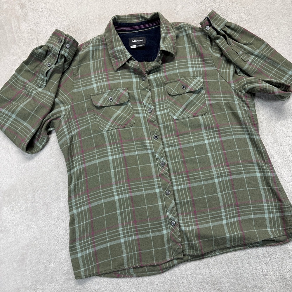 Marmot Shirt Women's XL Flannel Button Down Green Plaid Cotton Blend Outdoors